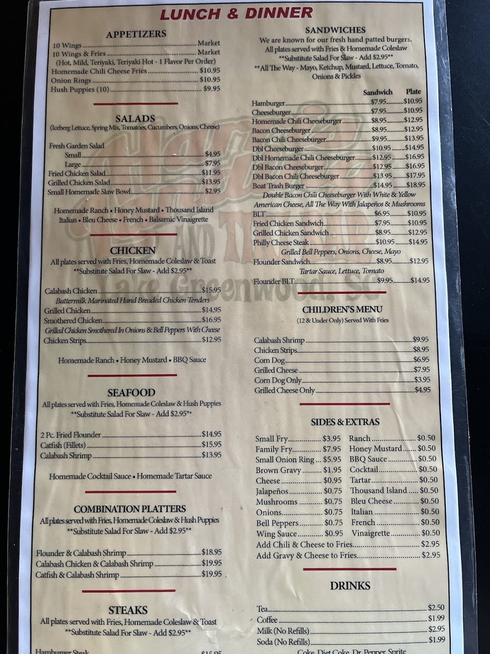 Food menu with burgers and fried chicken.